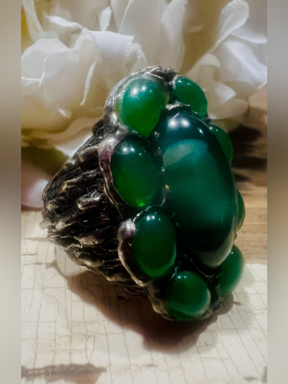 Antique Green Chalcedony Ring W Cluster of Green Gemstones in a Sterling Metal